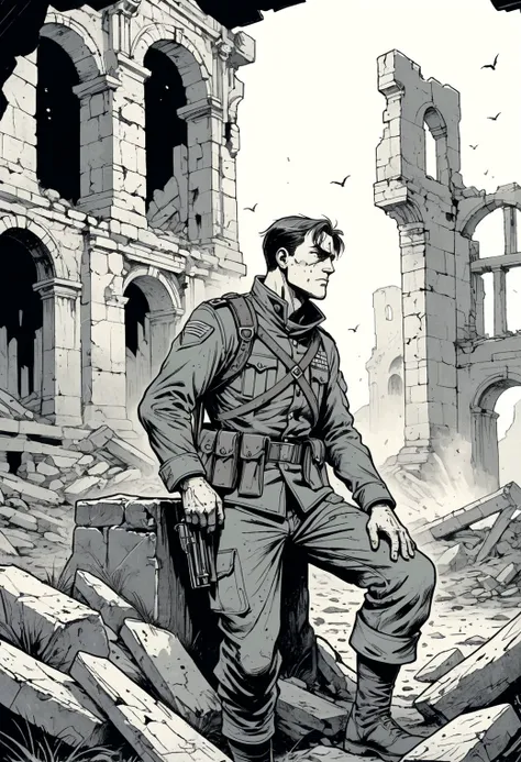 A tired soldier soul transitions into the next realm, sharp details, vibrant, ethereal, 8k resolution, cross hatching illustration, monochrome, black and white, heavy contrasthard inking, flat colors, comics, style by Andrew Robinson  , ruins background, t...