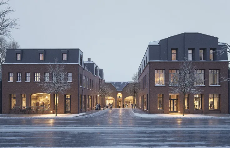 residential building, European style, snowy day, street view, tranquility, diffuse light, low-rise, stone wall and glass structure, brick, architectural rendering, multi-story, glass transparency, cozy lighting, early evening, winter atmosphere, pedestrian...