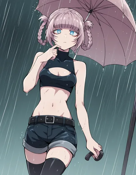 score_9, score_8_up, score_7_up, source_anime, <lora:nazuna-nanakusa-s1-ponyxl-lora-nochekaiser:1>, nazuna nanakusa, short hair, bangs, blue eyes, pink hair, braid, blunt bangs, hair rings, ringed eyes,, thighhighs, navel, bare shoulders, shorts, sleeveles...