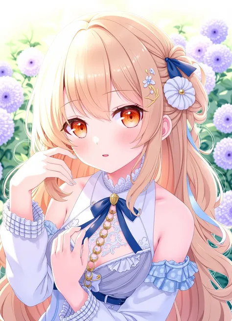 The image is pastel anime featuring of a young woman with a fair complexion and long, wavy blonde hair adorned with a blue ribbon. She has large, expressive amber eyes with a hint of red, and her expression shyness. She is dressed in a outfit that includes...