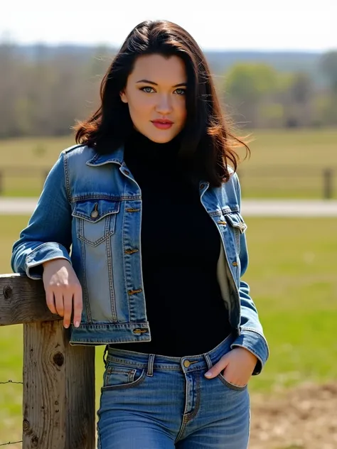 i54br0n35, dark hair, green eyes, denim jacket, black turtleneck sweater, jeans, lips, outdoors, on a ranch, leaning on a wooden post, morning, bright,