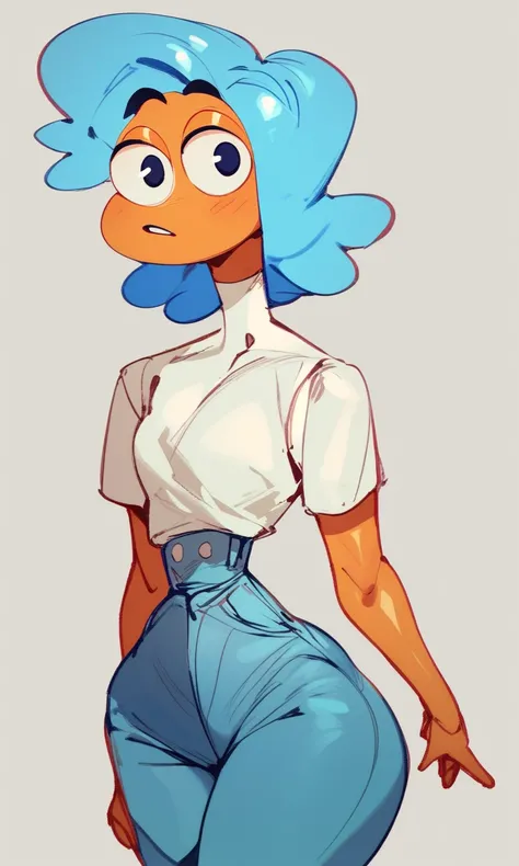 score_9, score_8_up, score_7_up, blue hair, orange skin, white shirt, blue jeans, cartoon, short hair, wide hips, narrow waist, bubble eyes