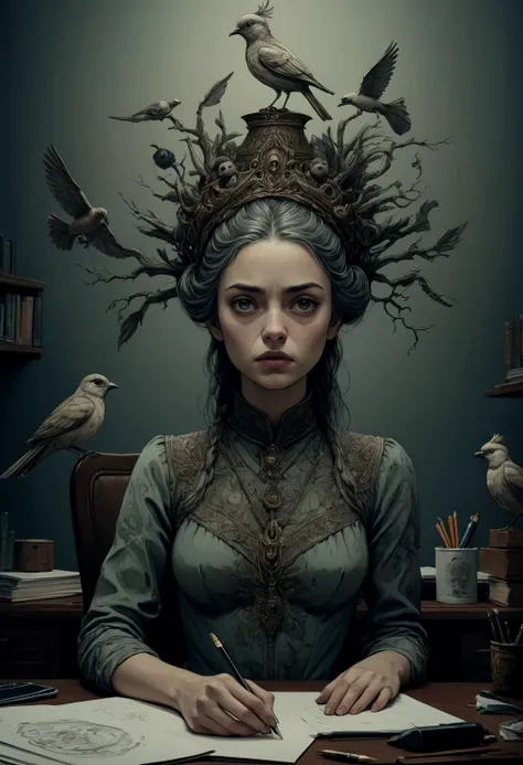 a drawing of a woman sitting at a desk with a bird on her head, creepy, nightmare, intricate details, hyperdetailed, cinematic, dark shot, muted colors, film grainy, soothing tones, muted colors, technicolor