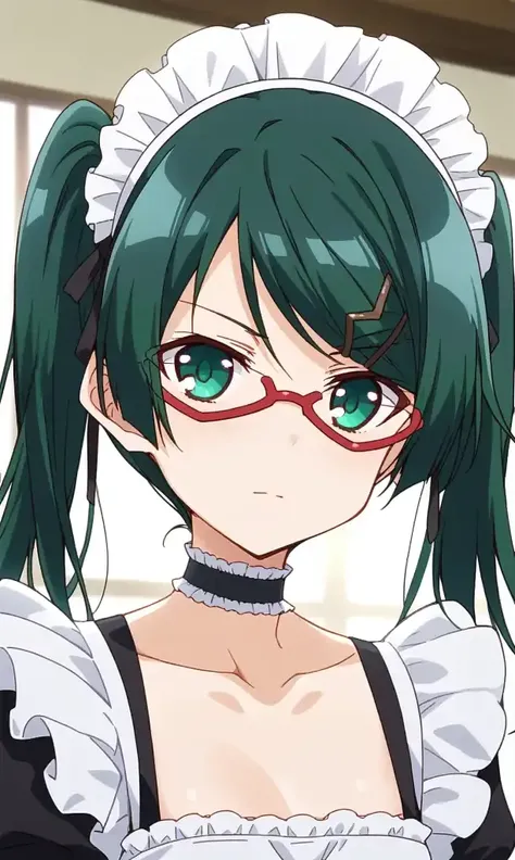 Suzuka_Kurihara, glasses, hairclip, semi-rimless eyewear, red-framed eyewear, long hair, hair ornament, twintails, collarbone, choker, maid, enmaided, masterpiece, details 