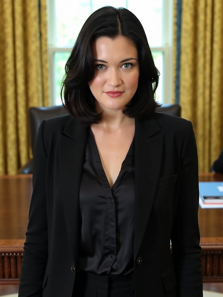 i54br0n35, dark hair, green eyes, black blazer over silk blouse, standing in front of a desk, oval office, white house, windows,