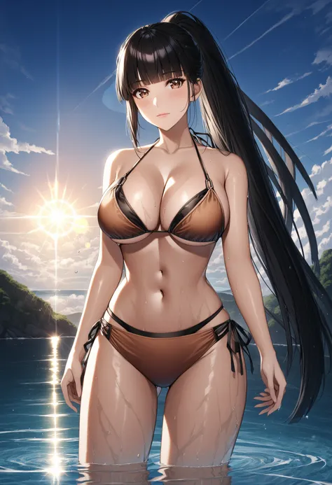 sysdeep_eve, 1girl, solo, long_hair, large_breasts, black_hair, closed_mouth, ponytail, blunt_bangs, brown_eyes, outdoors, water, bikini, lens_flare, sun, reflection, <lora:Eve - [Stellar Blade] - SDXL Version 1:0.8>