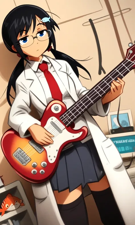 Shijimasis, black hair, twintails, blue eyes, glasses, fish hair ornament, lab coat, white shirt, red necktie, black stockings, solo, pleated skirt, holding guitar, room, khyle, 