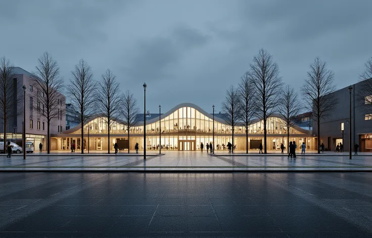 venue, street view, overcast day, modern style, cultural atmosphere, ambient light, glass transparency, low-rise, concrete, glass curtain wall structure, architectural rendering, evening