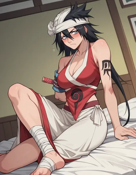 score_9, score_8_up, score_7_up, source_anime, <lora:kukaku-shiba-anime-ponyxl-lora-nochekaiser:1>, kukaku shiba, long hair, black hair, grey eyes, bandages,, amputee, ankle wrap, cleavage, japanese clothes, sarong, tattoo,, indoors, bed, bed room, on side...