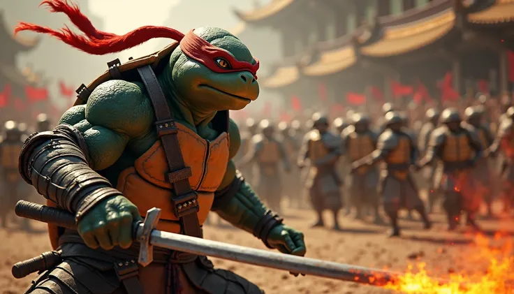 Ninja turtle in battle, samurai armor, battle scene, Splinter shows him combat fighting to defeat the enemy