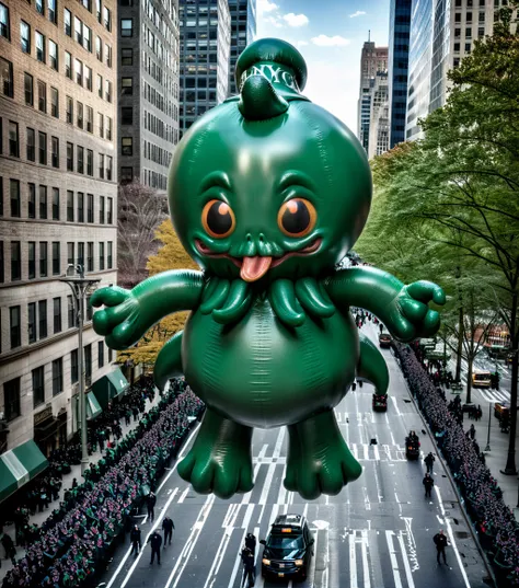 <lora:b41100n_04XL-000008:0.9>a raw photograph of (happy baby cthulhu:1.5) b41100n shaped parade balloon,(floating high above the street:1.2) (with guide ropes:1.1),during Macys NYC parade,with park and trees behind,with tall buildings in background,(above...