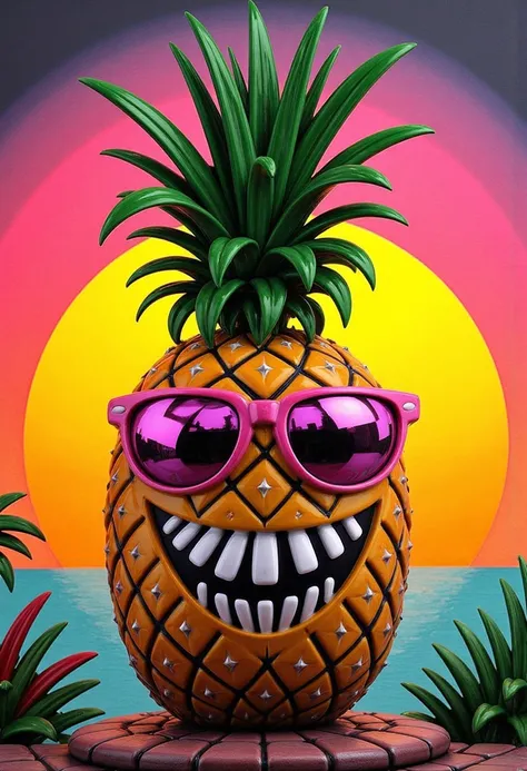 Pw,masterpiece, professional, bold colors, awe inspiring, photography inspired by Jeremy Mann,  Vintage retro sunset distressed black style design, a smiling pineapple wearing pinkgold chromium coated sunglasses, with text "pineapple willys ", typography, ...