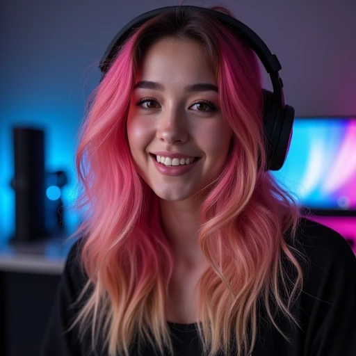 A stunningly beautiful slim 20 year old with multicolored hair is smiling at the viewer, in the background you can see video games and video game consoles