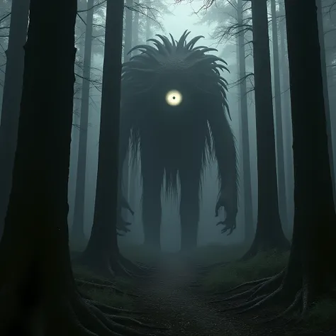 dark forest, a giant one-eyed creature hiding in the shadows

visual style: wterrfantf1, otherworldly, horror, dark setting, dark mood




