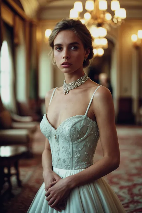 [vogue magazine photoshoot] of an english woman wearing mermaid wedding dress, standing elegantly in a grand ballroom, surrounde...