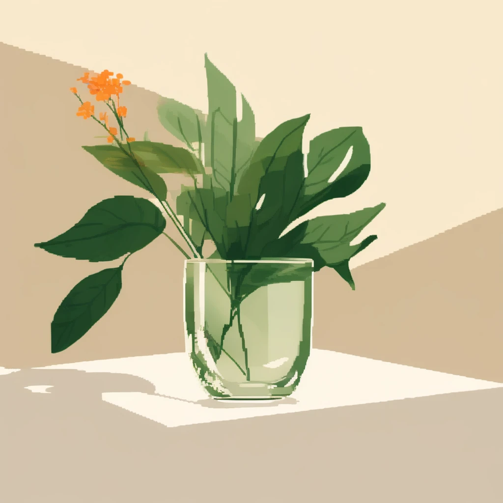 a shot of a glass cup containing green leaves and flowers, on top of a white table, beige wall paper, small cup containing orange vegetation, shadows, light coming from the window, detailed, PXLART