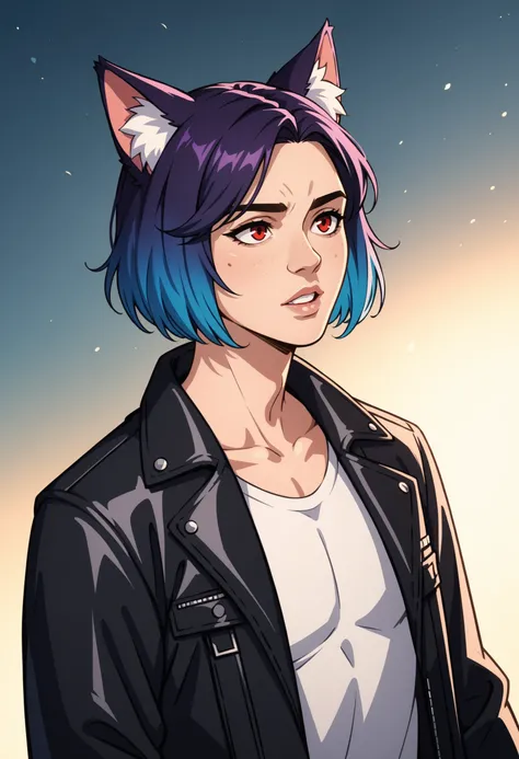 cinematic, highly professional, high contrast, BREAK lo-fi, soft colors, 1boy, mature,  male focus, solo, expressive eyes, perfect face, animal ear fluff, animal ears, blue hair, purple hair, gradient hair, multicolored hair, dyed bangs, black jacket, cat ...