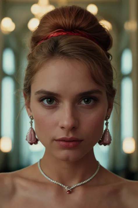 [VOGUE MAGAZINE PHOTOSHOOT] of an English woman wearing a flowing red sleeveless dress, standing elegantly in a grand ballroom, surrounded by chandeliers and ornate decor, with vibrant bubblegum pastel lighting, in the style of Wes Anderson. The womans hai...