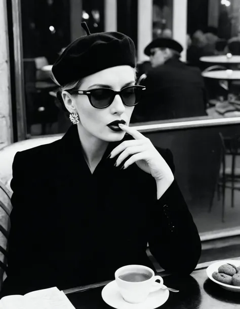 Photo by <lora:HELMUTNEWTON-000001:1> HELMUTNEWTON, photographer,  Two-shot, Portrait Lighting ,Lomo Earl Grey 100, “Parisian Café”: A woman sips espresso at an outdoor café. Oversized sunglasses and a beret add an air of mystery. ,, fashion editorial phot...