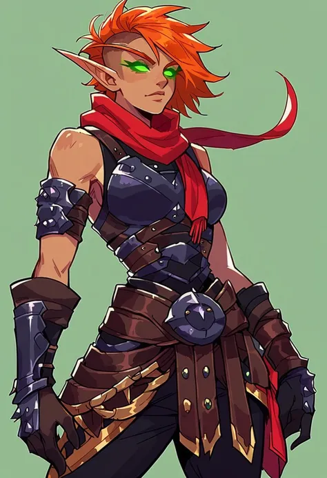 Score_9, score_8_up, 1girl, solo, blood elf, tan skin, long hair, orange hair, green eyes, glowing eyes, short hair, side shave, messy hair, swept bangs, Black halter top, brown laces, red scarf, single spiked shoulderpad, black armbands, studdled leather ...