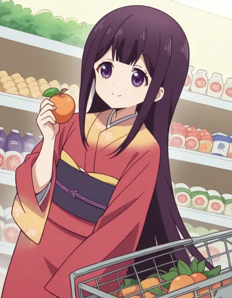 score_9, score_8_up, score_7_up, source_anime, <lora:aika-sakuranomiya-s1-ponyxl-lora-nochekaiser:1>, aika sakuranomiya, long hair, bangs, purple hair, purple eyes, blunt bangs,, japanese clothes, kimono, sash, obi, red kimono,, grocery store, shopping car...