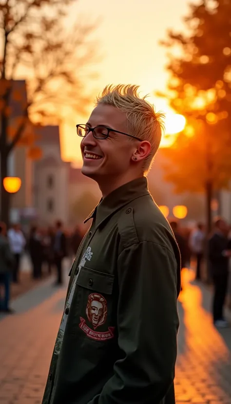 sw33ny, close-up shot,  photorealism, photography of a man, chester_numb, standing on a cobblestone street, sunset,  wearing casual autumn clothes, blonde hair, smiling warmly, outdoors, sunny morning, autumn foliage, traditional houses, fountain,  vibrant...