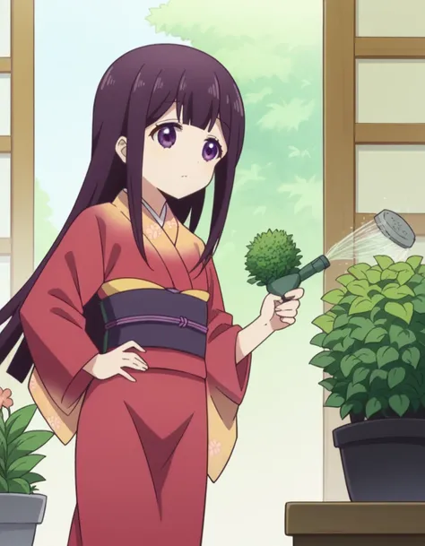 score_9, score_8_up, score_7_up, source_anime, <lora:aika-sakuranomiya-s1-ponyxl-lora-nochekaiser:1>, aika sakuranomiya, long hair, bangs, purple hair, purple eyes, blunt bangs,, japanese clothes, kimono, sash, obi, red kimono,, gardening, watering plants,...