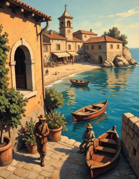 illustrated by Alejandro Burdisio coastal town dwelling in mediterranean biome. Golden hour neo-expressionism