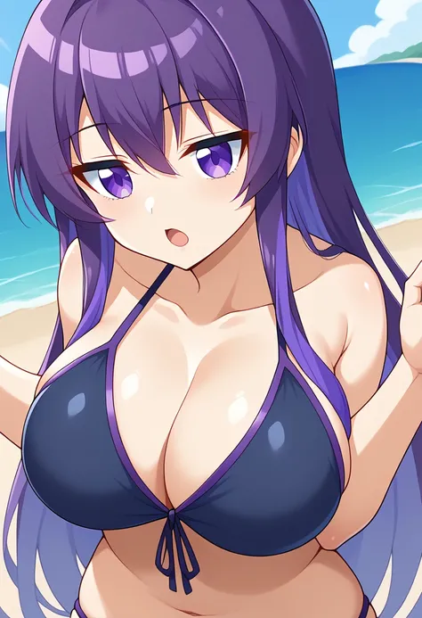 1girl, solo,
long hair, purple hair, multicolored hair, purple eyes, jitome, open mouth, large breasts, bikini, 
beach, upper body, blue sky, 
score_9, score_8_up, 
<lora:jitome-pony:1>