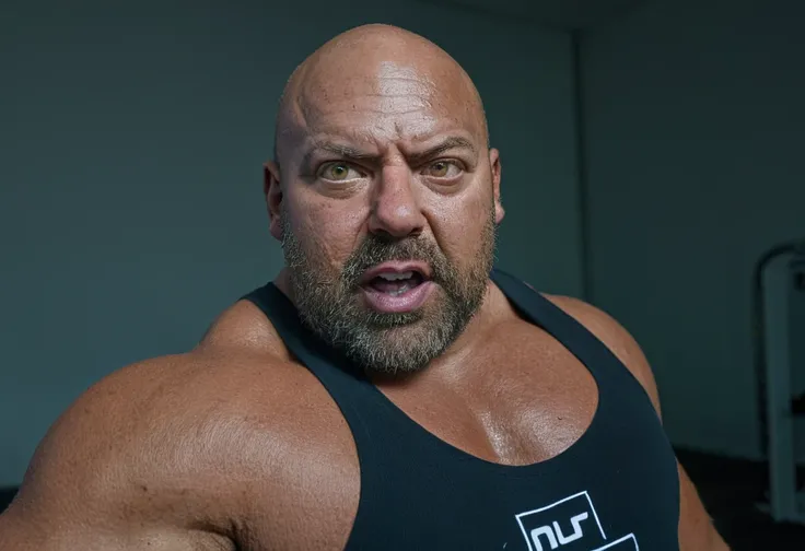 head and shoulders portrait,Big Lenny,man,<lora:Big Lenny SDXL:0.9>,bald,looking at viewer,gym,tank top,angry,long beard,double biceps pose,