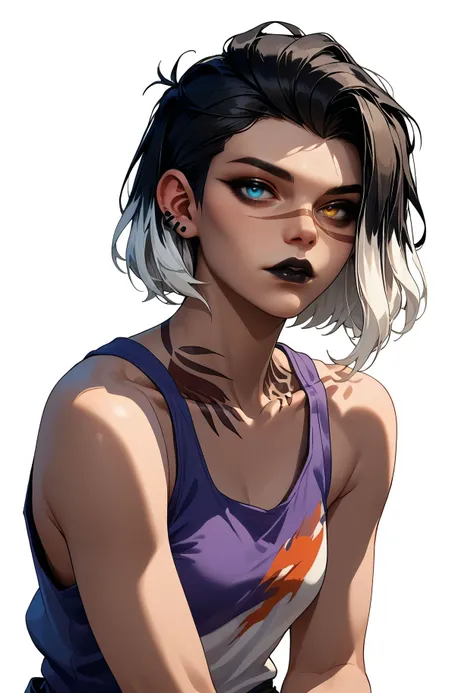 score_9,score_8_up,core_7_up, <lora:fade_valorant_pdxl:1>fadeValo,under cut, heterochromia, black lips, black hair, white hair, looking at viewer, tank top, shorts, wariza, white background,two-tone hair, multicolored hair, makeup, shoulders tattoo