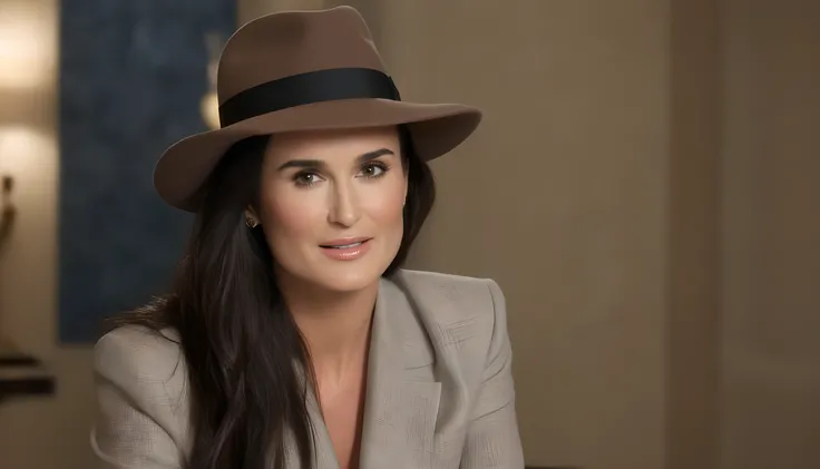 bleu style photographie : On a film set, actress Demi Moore, with a hat is the focal point, captured in a moment of quiet elegance. She stands under soft, flattering lighting that accentuates her flawless complexion and sharp features. The background is a ...