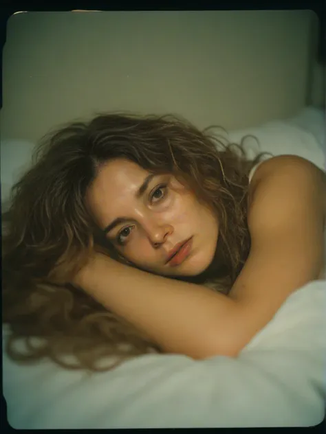 Old faded polaroid photo, a woman lying on a bed, messy wavy hair, tired after a long day, business atire, analog film, chiaroscuro, sharp focus, 8k, UHD, award winning photography, ultra high res, DSLR, masterpiece, ultra detailed, intricate details, 35mm...