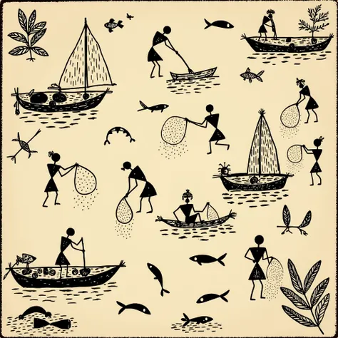 A Warli painting of a fishing expedition, with fishermen casting nets into a river, surrounded by fish, boats, and water patterns.