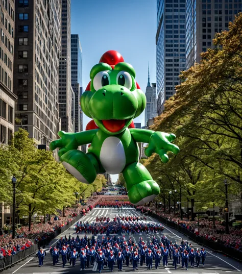 <lora:b41100n_04XL-000008:0.9>a raw photograph of (yoshi:1.5) b41100n shaped parade balloon,(floating high above the street:1.2) (with guide ropes:1.1),during Macys NYC parade,with park and trees behind,with tall buildings in background,(above shot angle:1...