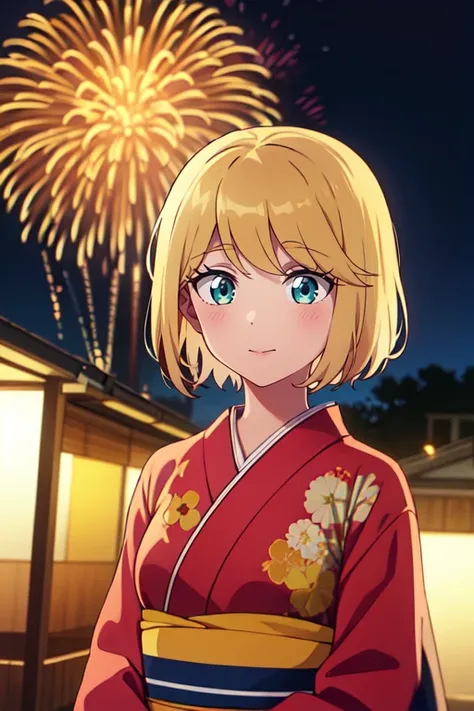 <lora:DesumiMagaharaR4:0.7>, DesumiMagaharaR4, masterpiece, highres, best quality, 1girl, blue eyes, blonde hair, short hair, upper body, kimono, fireworks,