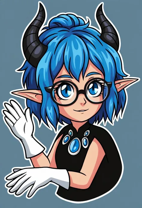 Kaspe444art, girl, blue hair, bangs on the face, glasses, blue eyes, shaggy hairstyle, demonic black horns, elven ears, pointy ears, black dress, white gloves,