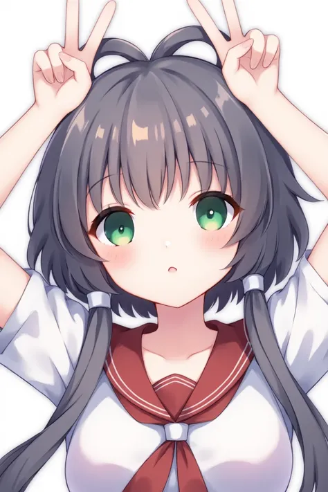 masterpiece, best quality, perfect features, intricate details, ray tracing, newest,(hitenkei, askzy:0.4), 1girl, short sleeves, white shirt, shirt, low twintails, school uniform, hair rings, upper body, looking at viewer,red sailor collar, twintails, doub...