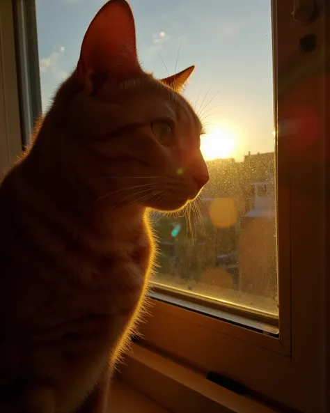 Realistic ultra detailed low angle dramatic lighting majestic pose photo of an orange cat, Roscoe, orange fur, short hair (((looking out a window, evening sun, godrays))) <lora:Roscoe:2>