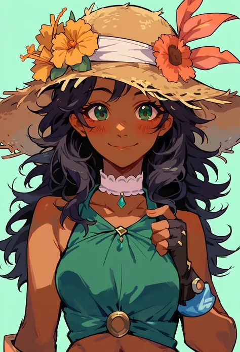 Score_9, score_8_up, 1girl, solo, hyur, upper body, dark-skinned female, green halter top, navel, straw hat, green eyes, blush, black hair, long hair, straight hair, happy, floral hat pin, fingerless gloves, white choker, simple background, green backgroun...