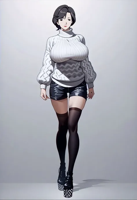 makotos mother, solo, 1girl, black hair, short hair, black eyes, breasts, Sweater, black and white sweater, chevron pattern, oversized sweater, sleeves with black cuffs, long loose sleeves, black hem, thigh-high length, contrast border, shorts, black short...