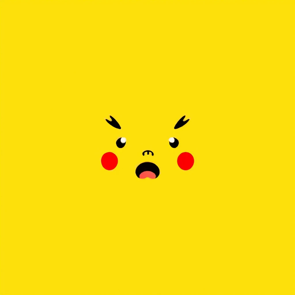 A minimalist flat design of a pikachu face with just eyebrows and a mouth, expressing surprise, simple lines on a solid yellow background.