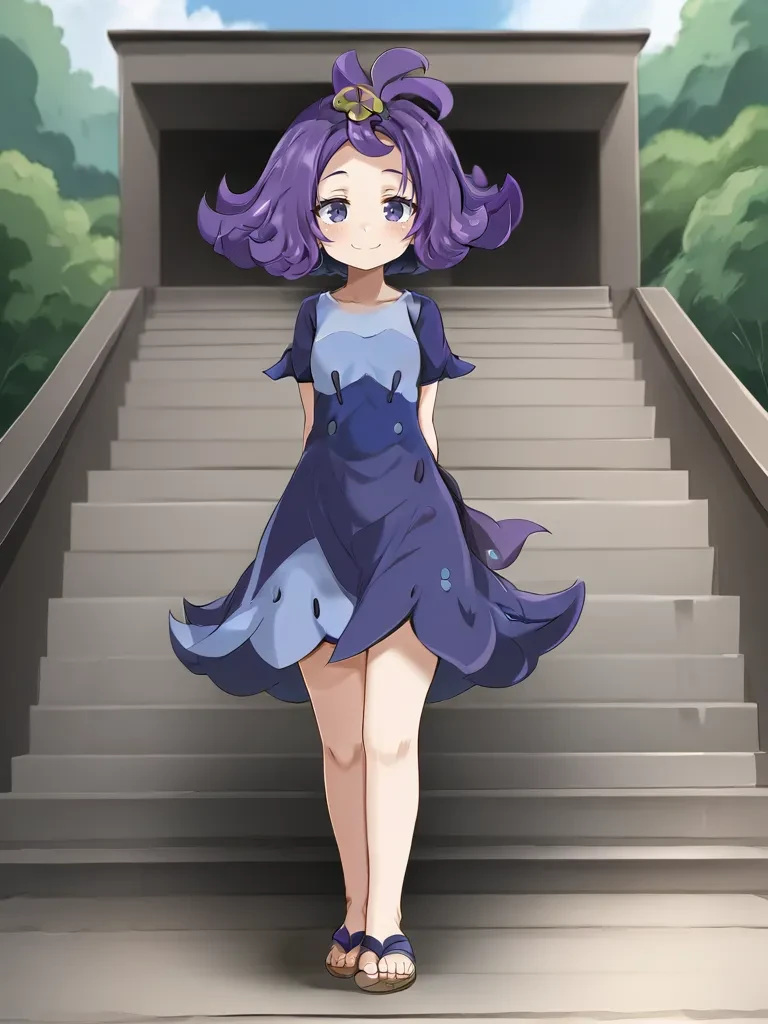 <lora:sumonacerolatsukishiro:1>
1girl, solo, acerolasiriguela, purple hair, flipped hair, topknot, hair ornament, multicolored dress, short sleeves, sandals, arms behind back, full body, outdoors, standing, stairs, looking at viewer, smug, smile, cowboy sh...