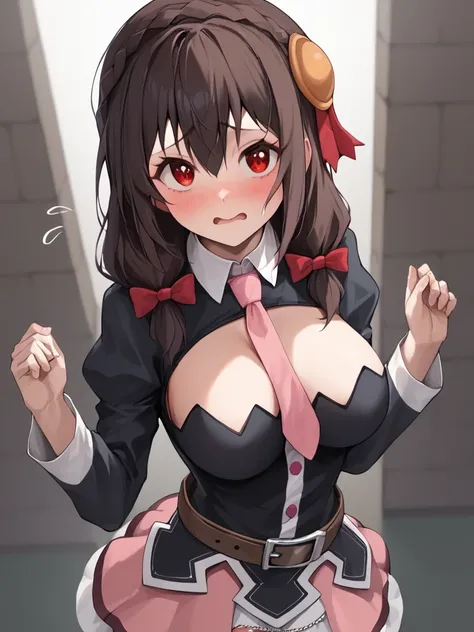 score_9,score_8_up,score_7_up, <lora:yunyun_(konosuba):1>,red_bow, collar, looking_at_viewer, fidgeting, highres, blush, belt, black_jacket, yunyun_(konosuba), hair_bow, 3:, long_sleeves, 1girl, flying_sweatdrops, pink_necktie, absurdres, solo, large_breas...