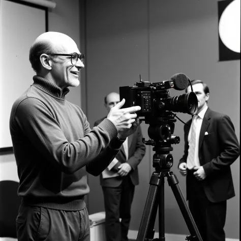 1970s old photo of man SpedePasanen with bald head and glasses. He is wearing a sweater and pants.He is directing a movie and using movie camera and shouting instructions to actors 