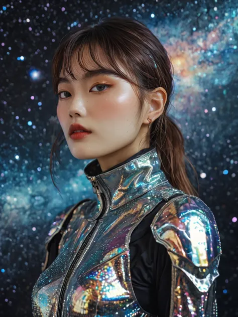 A futuristic girl in a multiverse, adorned in a cosmic-inspired fashion outfit, with holographic fabrics and interstellar jewelry, standing in front of a galaxy backdrop, ethereal and mesmerizing
profile portrait
Fashion magazine, detailed face,  high reso...