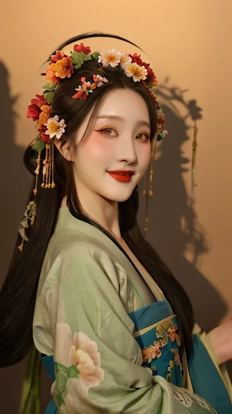 real skin texture,1girl,flower head,hanfu,realistic,photo,the right shadow,face contour shadow,face shadows,smile,rising corners of the mouth,round eye,(tareme:1.1)