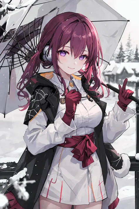 1girl,
kafka, solo, upper body, looking at viewer, hands up, smile, hair between eyes, night, purple eyes, closed mouth, earmuffs, twintails, outdoors, holding umbrella, holding, white dress, long hair, snow, gloves, very long hair, eyebrows hidden by hair...