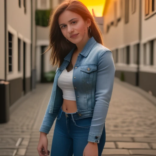 Mid shot of Pietra standing on a cobblestone street at sunset, (photorealistic:1.4), natural lighting, wearing a casual denim jacket and jeans, subtle shading, realistic skin texture.