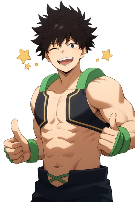 score_9, score_8_up, score_7_up, masterpiece, 1boy, YoShindo black hair, black eyes, one eye closed, thumbs up, wide smile, open mouth, stars, solo male, solo focus, white background, looking at viewer